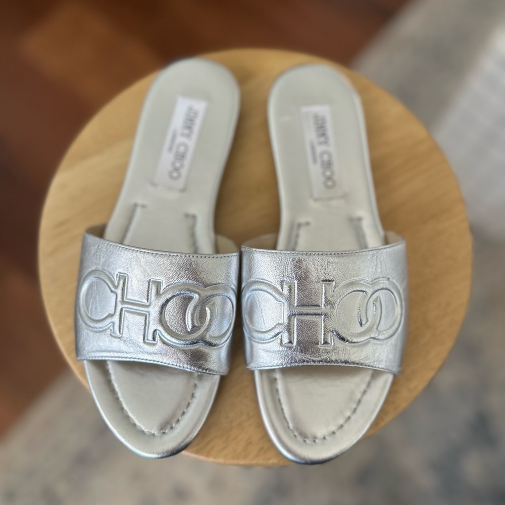 Jimmy Choo Silver Leather Slide Mules